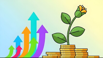 Cartoon Illustration of a Growing Flower on Stacked Gold Coins with Upward Arrows Representing Financial Success and Growth