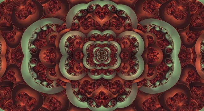 Intricate symmetrical fractal pattern in warm reddish-brown and cool greenish-grey tones, creating a mesmerizing abstract digital art piece.