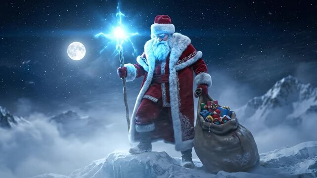 Santa Claus standing on a snowy mountain peak holding a magical glowing staff and a sack of gifts. Cinematic winter night scene with a full moon and starry sky. Christmas fantasy concept