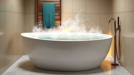 Modern freestanding bathtub filled with steaming water, set in a luxurious bathroom with elegant tiles, a towel rack, and ambient lighting creating a serene relaxation atmosphere