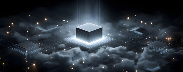 A digital illustration of a centralized data storage unit surrounded by network nodes, symbolizing cloud computing and data management.