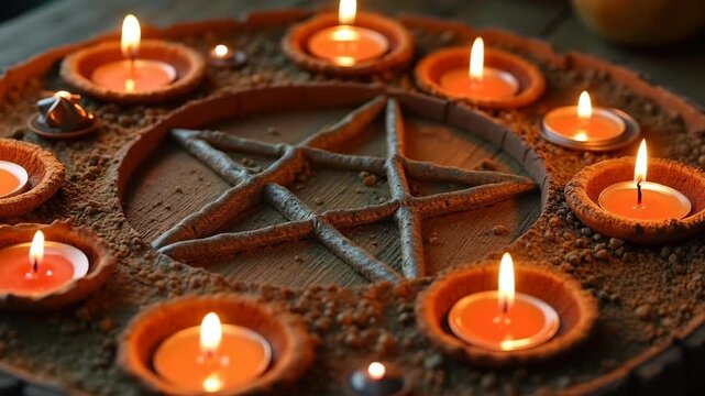 Pentagram with tealights, suitable for seasonal rituals, Yule 
