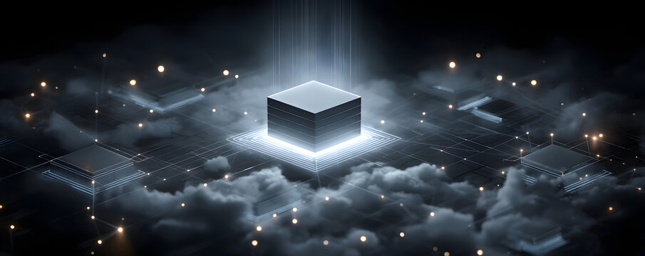 A digital illustration of a centralized data storage unit surrounded by network nodes, symbolizing cloud computing and data management.