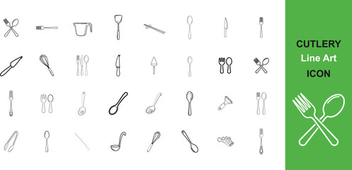 Collection of hand drawn cutlery line art illustrations featuring forks spoons knives and other utensils ideal for culinary designs and restaurant menus