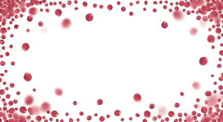 Red circular particles forming an abstract decorative frame on a clean white background, with a soft focus effect on some elements.