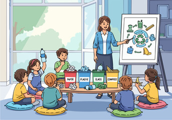 A teacher explains recycling to a group of children, pointing at a diagram.