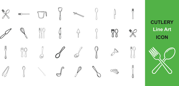 Collection of hand drawn cutlery line art illustrations featuring forks spoons knives and other utensils ideal for culinary designs and restaurant menus