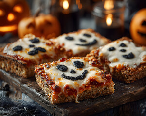 Halloween party pizza funny scary food background. Fe. Spooky gathering flatbread comical frightful cuisine backdrop. autumnal celebration themed snack holiday feast creepy decoration