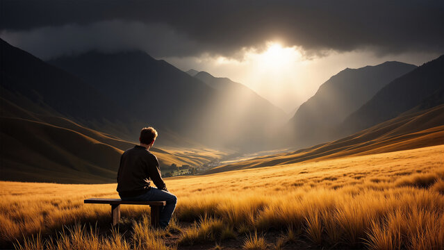A man sits on a bench in thought and looks at the plain and the mountains
