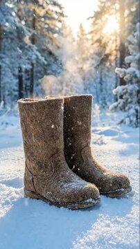 Steaming felt boots standing in deep snow in a sunny winter forest. Traditional brown wool valenki footwear with heat rising against a frozen woodland background. Cold weather concept