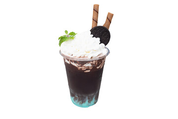 A refreshing ice blended drink with whipped cream, biscuit, and chocolate rolls on the top