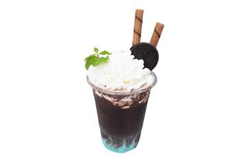 A delicious chocolate milkshake with whipped cream, cookie, and wafer rolls