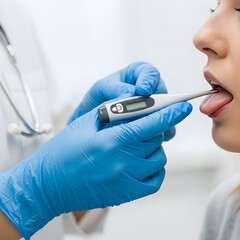 Person wearing blue medical gloves placing a digital thermometer under another person&acirc;&euro;&trade;s tongue in a clean clinical environment with bright even lighting and a neutral background without unrelated