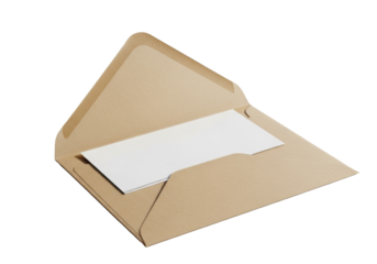 A premium brown kraft paper envelope with its flap open, a blank white card subtly pulled out, resting on a clean minimalist surface with soft studio lighting, new opportunities concept
