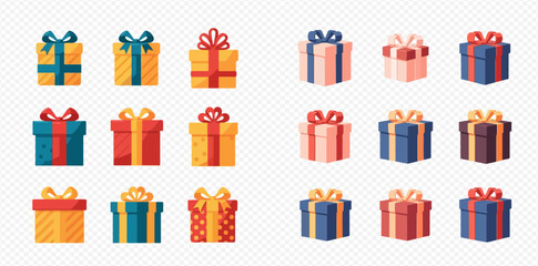 Collection of colorful gift boxes with ribbons and bows, perfect for celebrations, holidays, and special occasions.