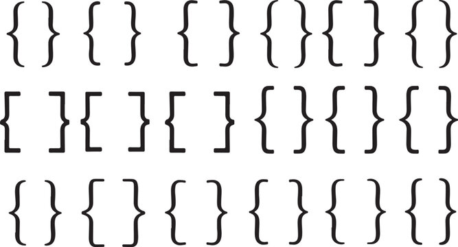 Collection of curly and square brackets arranged in rows isolated on, representing various mathematical or programming concepts and symbols