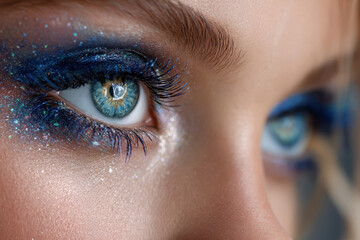 Close up of womans eye with blue glitter makeup