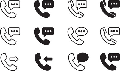 Phone call icon set with speech bubble isolated on, representing communication, support, and contact in a minimalist design