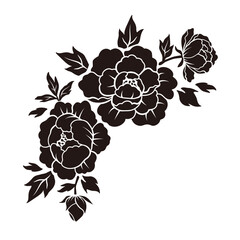 Vintage japanese and chinese elegant peony flower silhouette illustration, Vector hand drawn design elements.