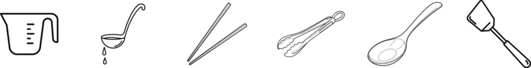 Simple line drawing of table setting utensils glass straw chopsticks fork spoon and knife for restaurant menu or recipe illustration design