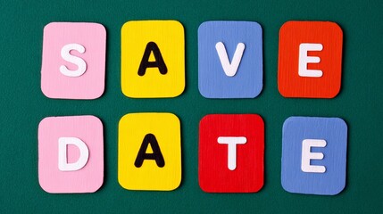 Colorful letters arranged to spell "SAVE THE DATE" on a vibrant green background, ideal for wedding invitations or event announcements, creating a festive and inviting atmosphere