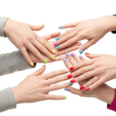 Fototapeta premium Young adult fair-skinned female hands, manicured with vibrant polish, interlocking on a transparent studio background, soft diffused lighting. Concept of human connection and collaboration