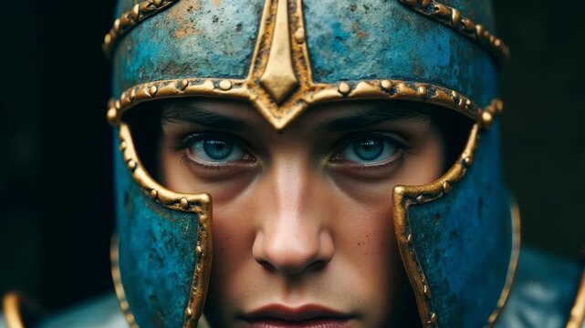 Close-up portrait of intense male warrior wearing weathered bronze medieval helmet with striking blue eyes and dirt-streaked face in historical battle armor costume