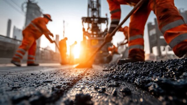 Workers in orange attire pave asphalt with machinery and tools