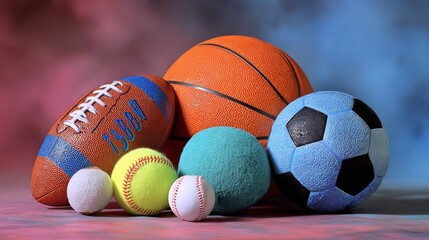 Assorted sports balls including basketball, soccer ball, football, baseball, tennis ball, and volleyball arranged artistically on a colorful background, showcasing variety in sports equipment and play