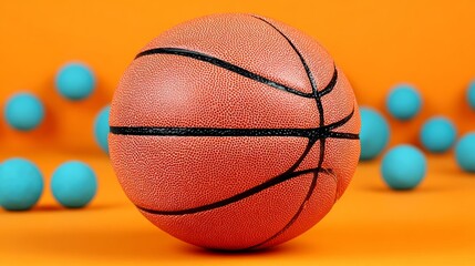 Vibrant orange background featuring a textured basketball in the foreground, surrounded by smaller blue balls, creating a dynamic and energetic sports-themed composition