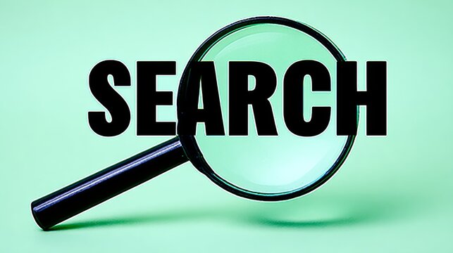 Magnifying glass positioned over the word search, highlighting the concept of exploration and discovery, set against a vibrant green background, emphasizing clarity and focus in visual communication