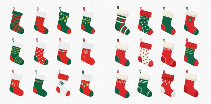 Collection of various Christmas stockings with different patterns and colors, festive holiday decorations. - Powered by Adobe