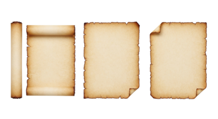 Three blank aged parchment documents, one unrolled scroll, two flat sheets with curled corners, warm sepia tones, on a transparent background, overhead shot for corporate legacy concept