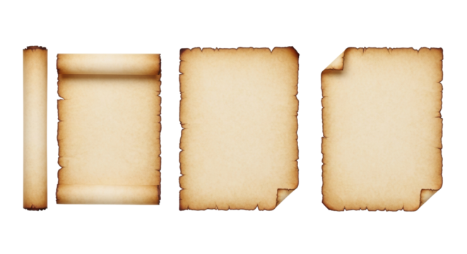 Three blank aged parchment documents, one unrolled scroll, two flat sheets with curled corners, warm sepia tones, on a transparent background, overhead shot for corporate legacy concept