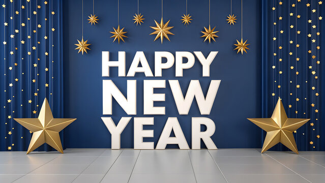Happy new year celebration with golden stars and blue festive background
 - Powered by Adobe