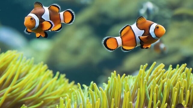 Vibrant aquarium fish of various bright colors swimming gracefully in clear water, captured in vivid sharp detail with natural light, creating a lively and highly dynamic underwater scene.22