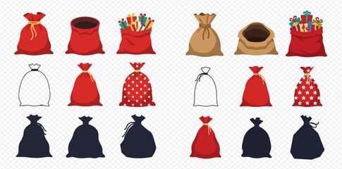 Collection of various Santa Claus sacks and burlap bags, including empty, full, outline, and silhouette versions for gifts and storage.