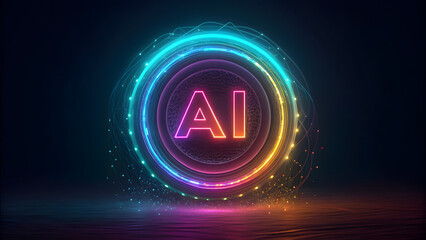 Glowing neon ai symbol with futuristic digital energy ring
