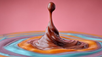 Chocolate splash creating dynamic wave patterns in vibrant colors, showcasing the fluid motion and texture of melted chocolate against a soft pink background, emphasizing artistic culinary creativity