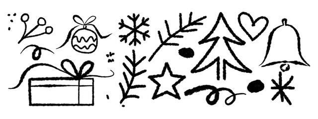 Retro vintage new year and christmas icons. Doodle sketch drawings in grunge charcoal style for winter holidays party celebration perfect for posters and invitation cards. Hand drawn chalk element