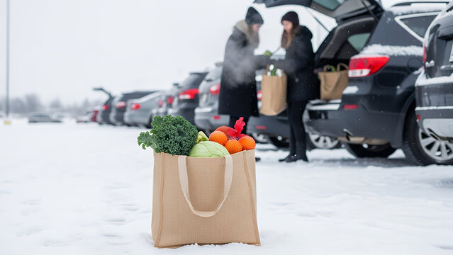 Two women unloading groceries from car trunk in snowy parking lot