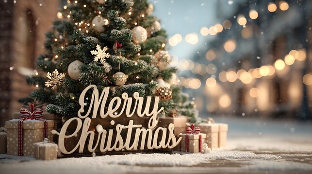 Christmas tree with gifts and golden Merry Christmas text displayed on a snowy evening