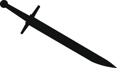 Clean black silhouette illustration of a medieval longsword or knight's arming sword, symbolizing honor, combat, historical fantasy, and classic weaponry design isolated on white