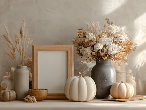 Autumn still life. Photo frame template decorative pumpkins vase of dry wheat on white table. Scandinavian room interior. Rustic fall decor idea minimalist home design. serene seasonal