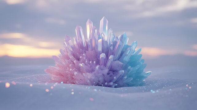 Cluster of Translucent Crystals in Pastel Hues on a Snowy Landscape gemstones minerals