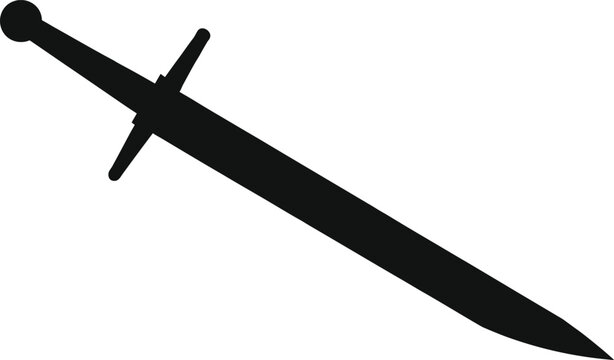 Clean black silhouette illustration of a medieval longsword or knight's arming sword, symbolizing honor, combat, historical fantasy, and classic weaponry design isolated on white