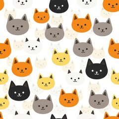 Fototapeta premium Cheerful Cats Pattern: Playful pattern featuring colorful cat faces, each exuding a unique charm and personality. It's a whimsical design. 