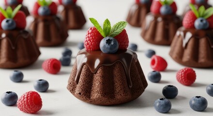 Chocolate Cakes with Berries: Exquisite mini chocolate cakes, adorned with vibrant raspberries and blueberries, a touch of mint, and a luscious chocolate glaze.
