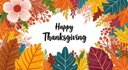 Happy Thanksgiving Festive Greeting: A beautiful autumn arrangement of colorful leaves and flowers, framing the message 'Happy Thanksgiving', perfect for conveying seasonal greetings.