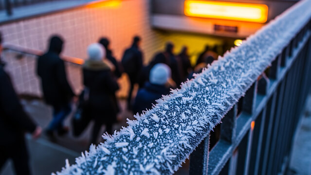 Frosty railing with commuters walking down subway steps in winter  